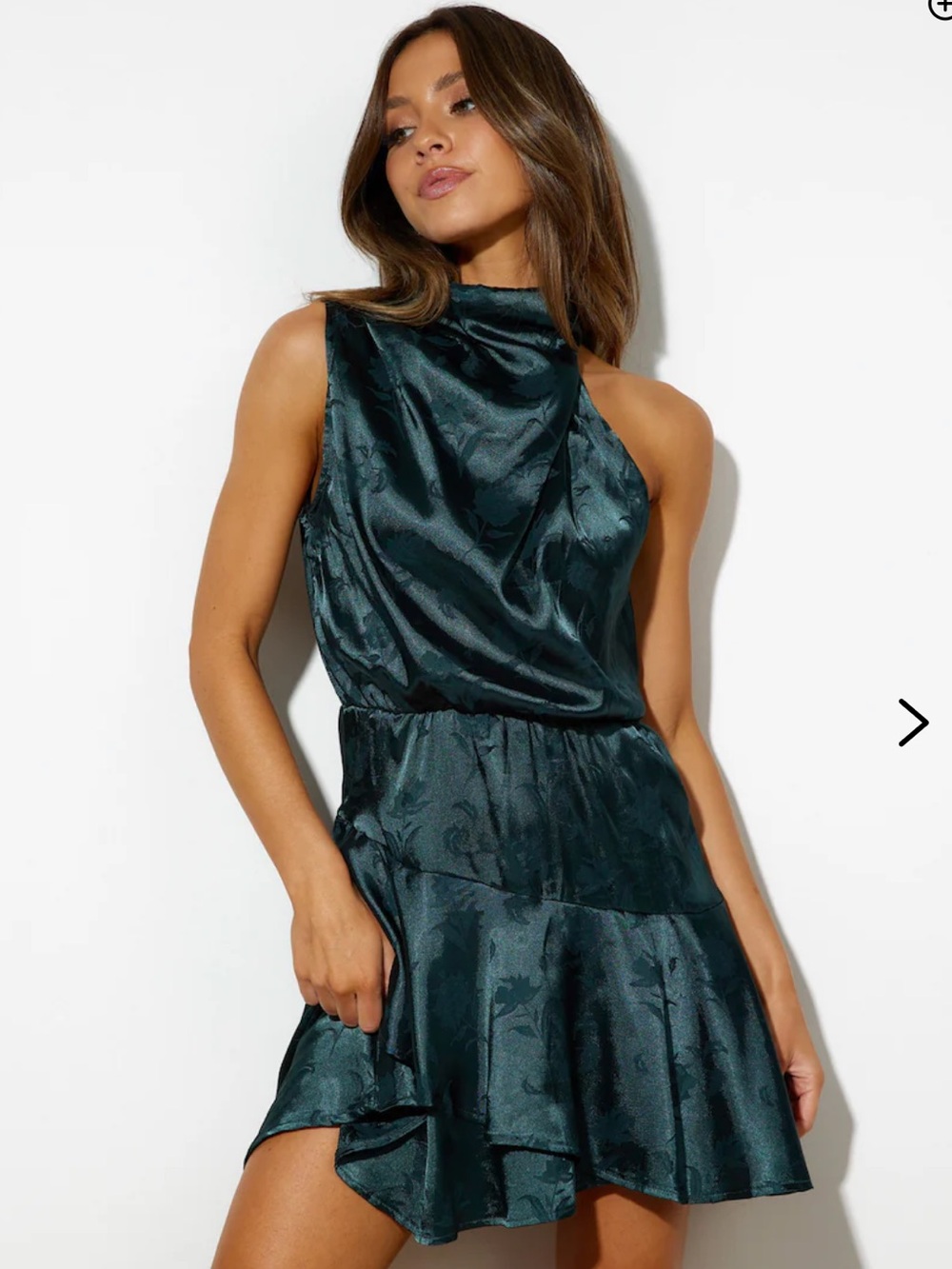Hello Molly One-Shoulder Satin Mini Dress in Emerald Green